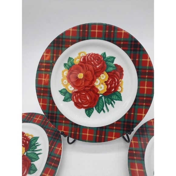 Vintage Holly Holderman Set Of 4 Red & Green Plaid Floral 8" Salad Plates - Picture 4 of 8